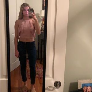Pink high neck fringe crop top